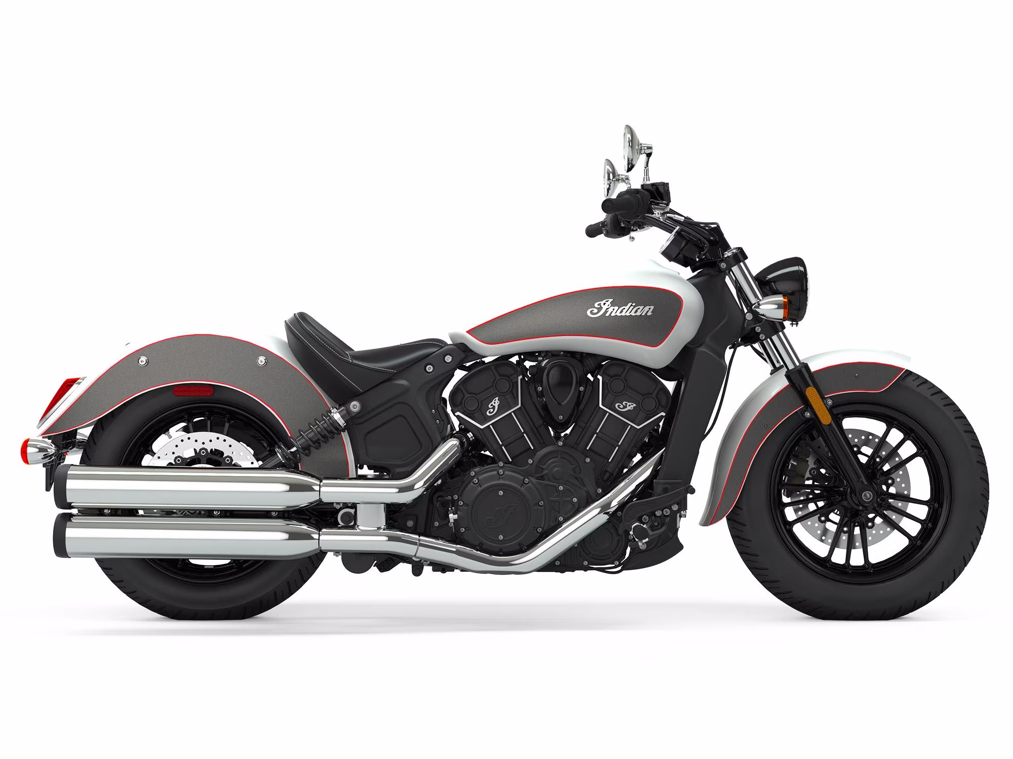 Side view of a striking black and red Indian Scout Sixty, featuring its distinctive design and powerful appearance
